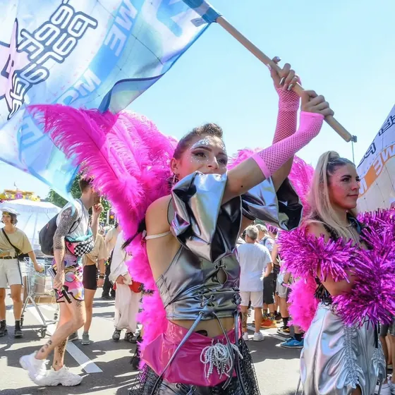 Ragazza con le ali rosa e una bandiera alla Street Parade