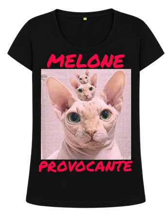 Maglietta nera Melone Provocante con la stampa di un gatto sphynx