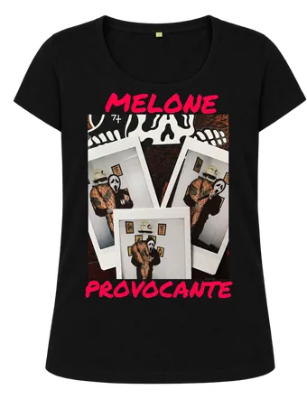 Maglietta nera Melone Provocante con una grafica di polaroid